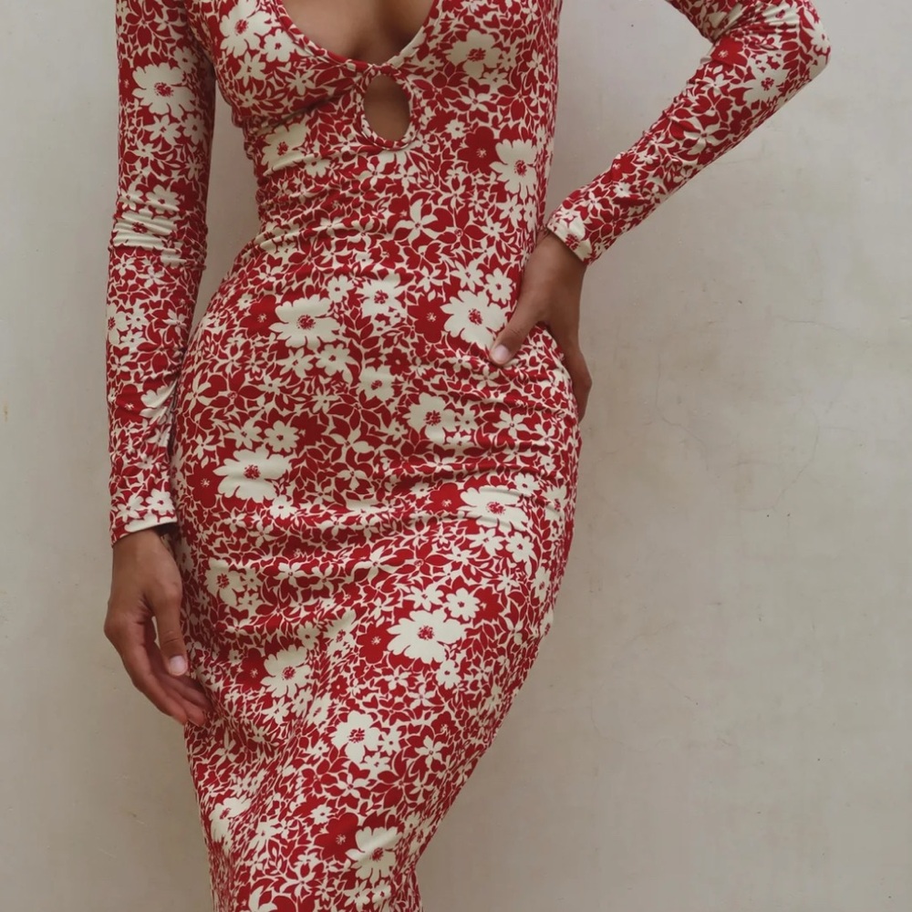 RESA Red and Cream Floral Long Sleeve Dress